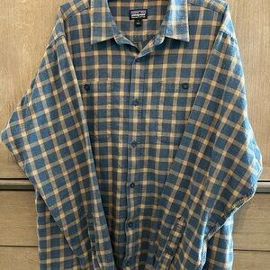 Patagonia Blue and Tan Plaid Shirt
